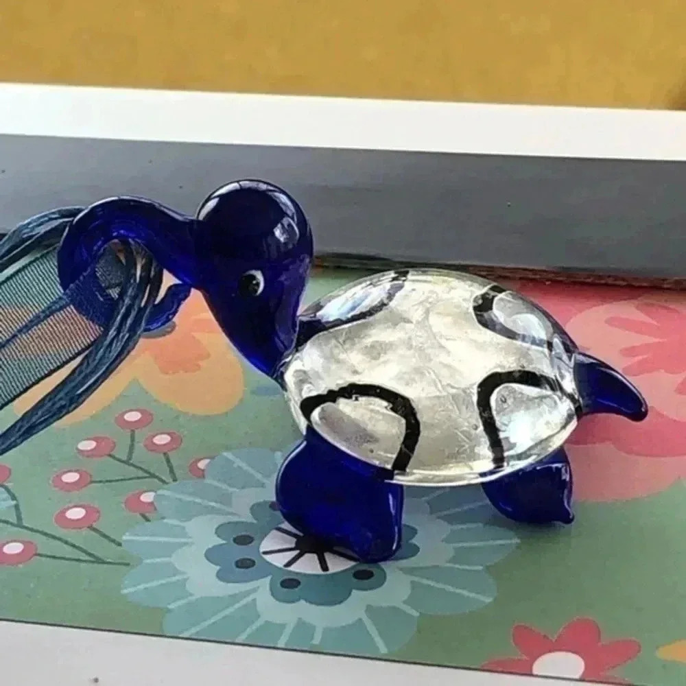 Dark Blue Navy Murano Glass Turtle Tortoise Ribbon & Cord Necklace NWT